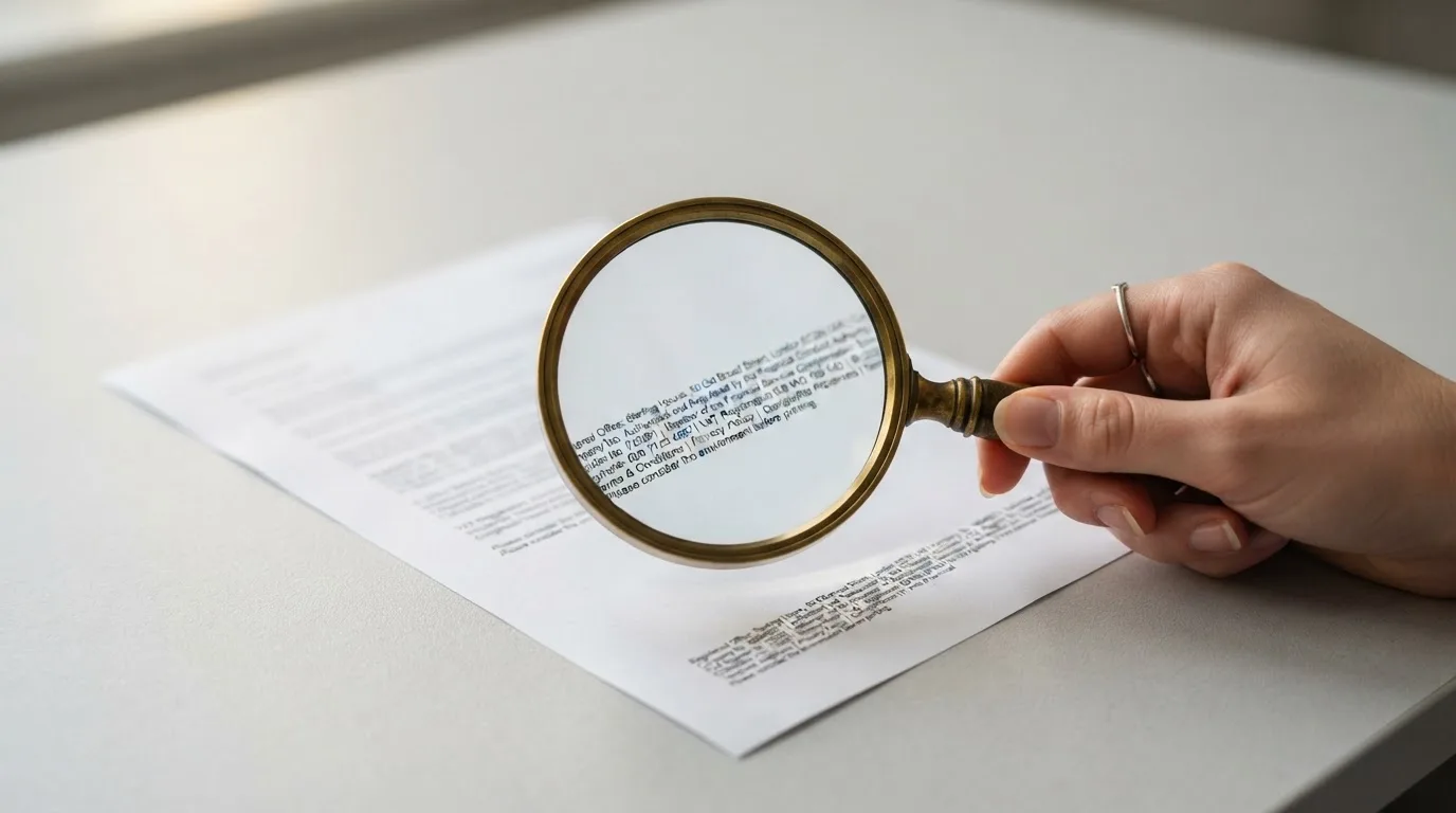 A magnifying glass held over a website footer showing small print text.