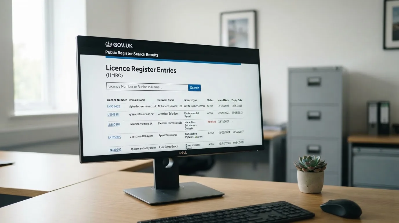 A public register search page displayed on a monitor in an office.